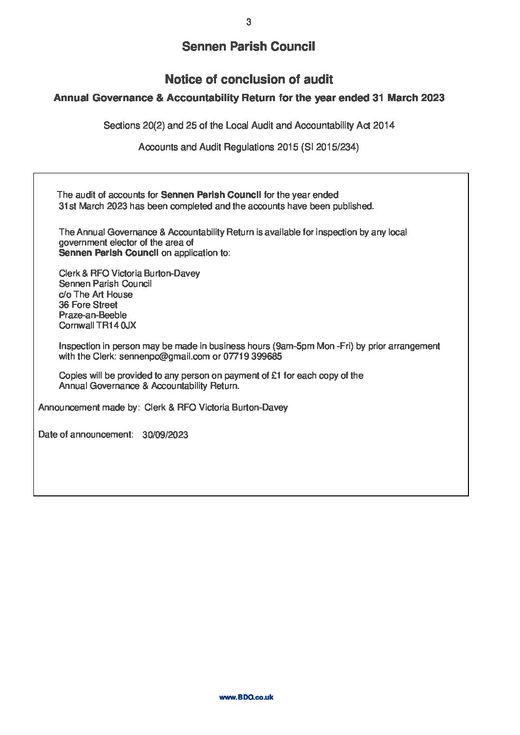 SPC Notice of Conclusion of Audit 2022-23