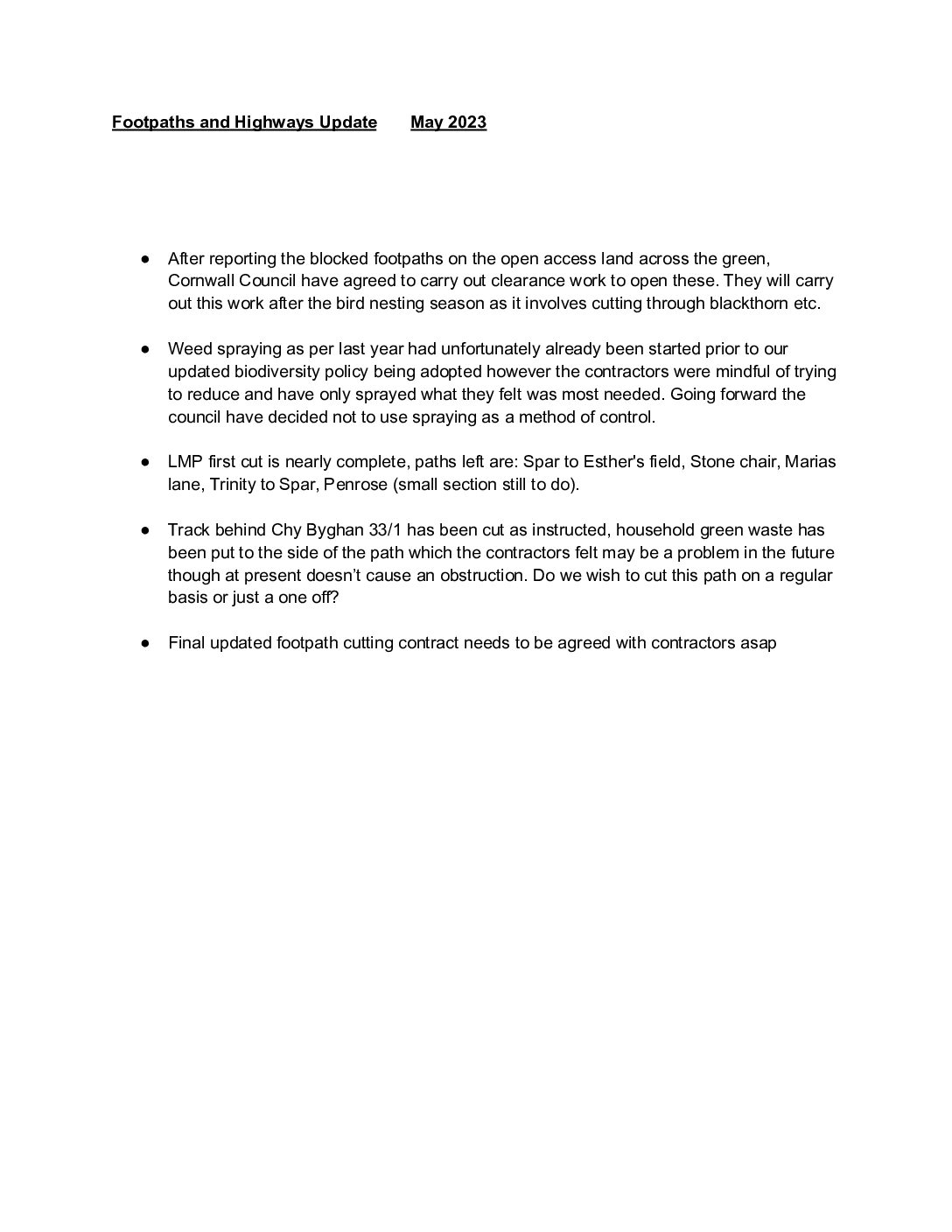 Footpaths & Highways Update 5/2023