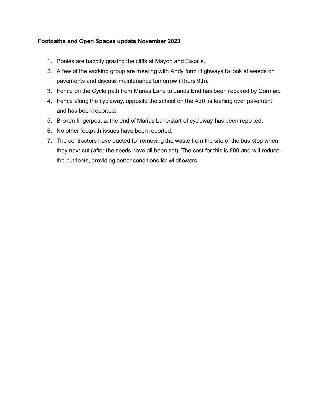 Footpaths and Open Spaces update 11/2023