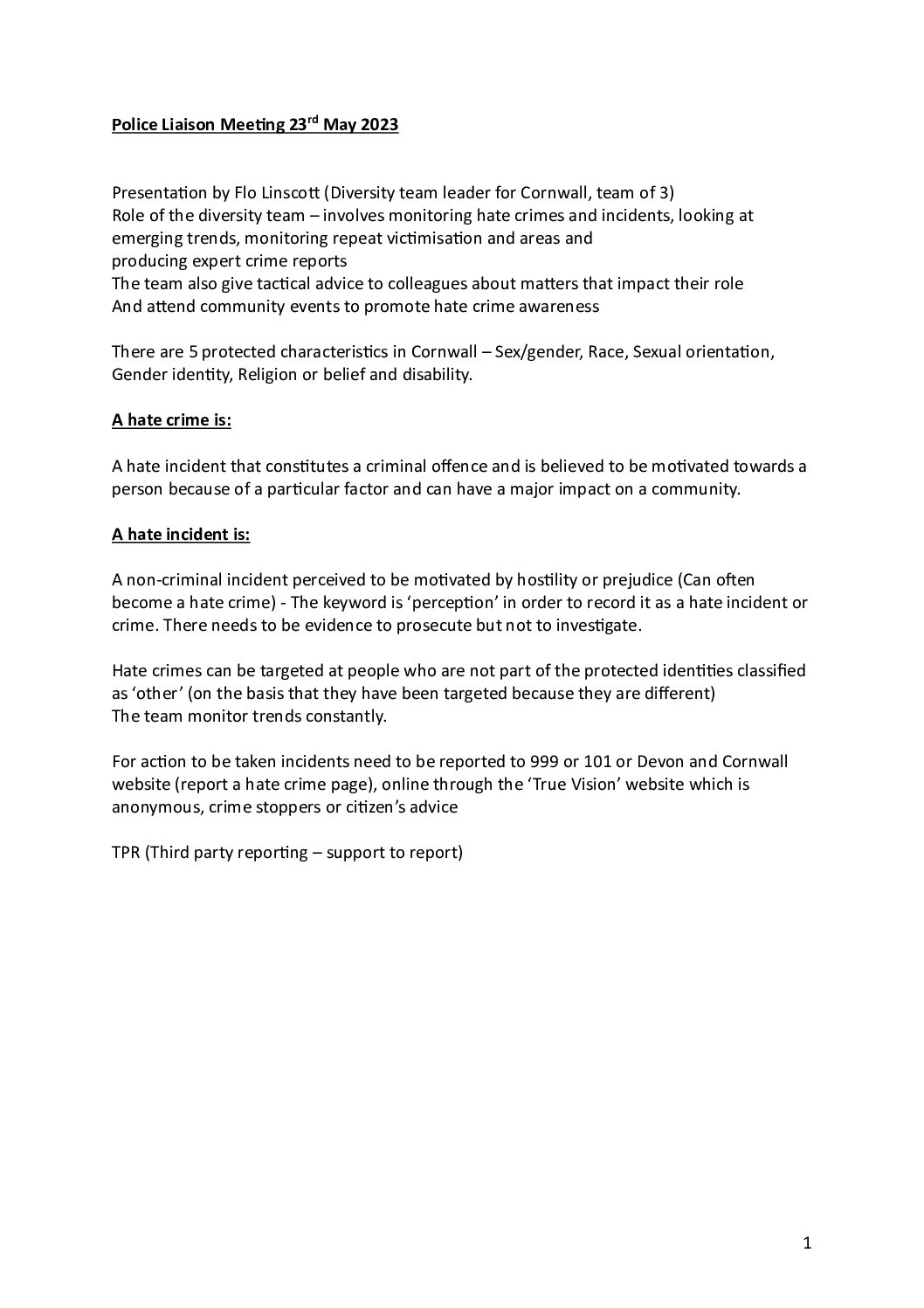 SPC Police Liaison Meeting report 6/2023