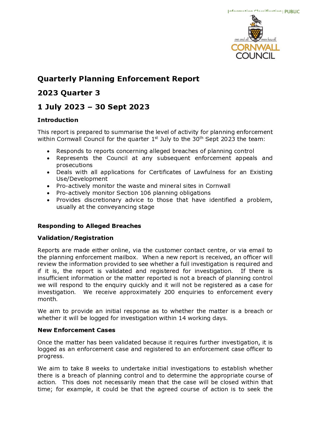 Quarterly Planning Enforcement Report July -Sept 2023
