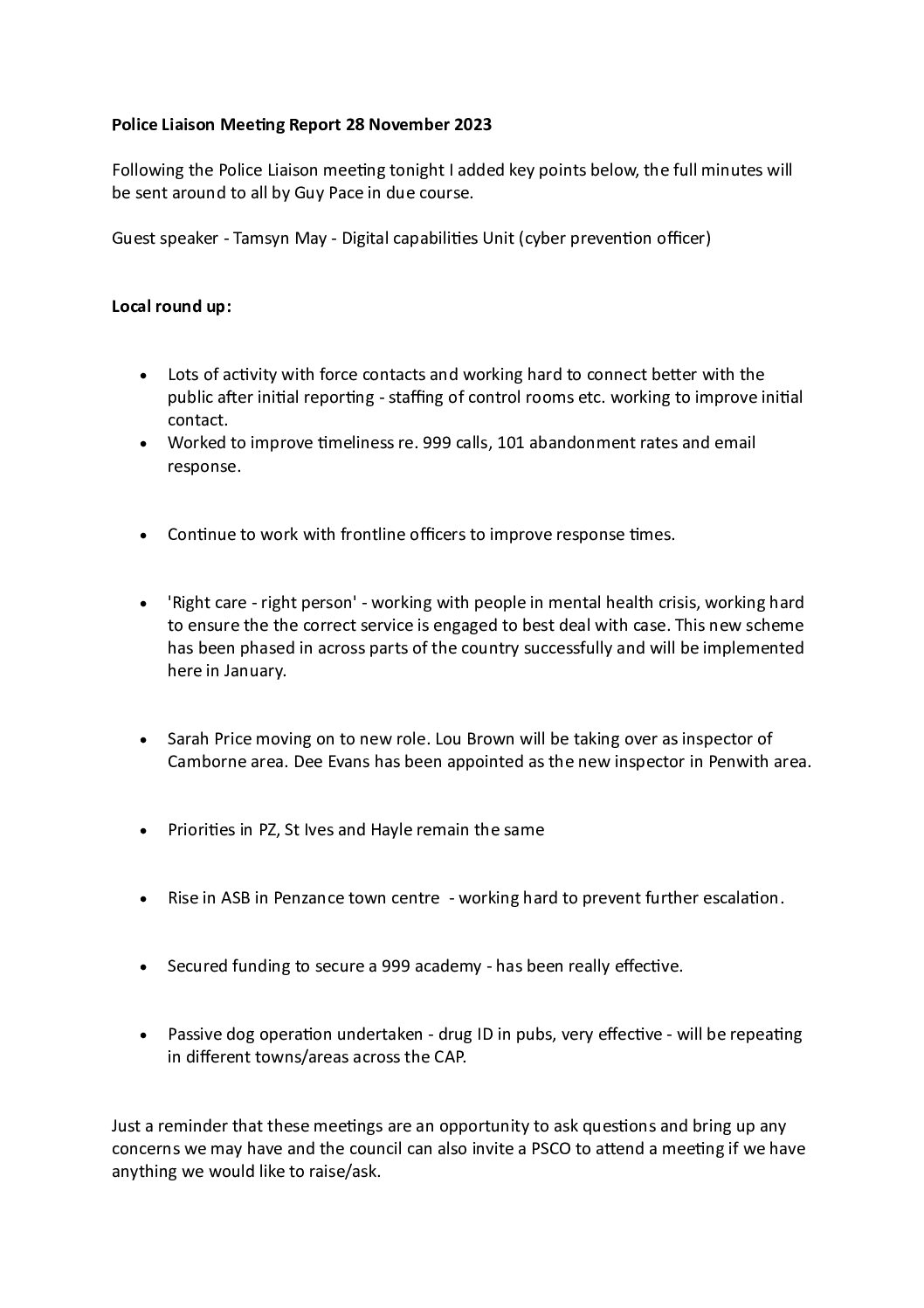 SPC Police Liaison Meeting report 12/2023