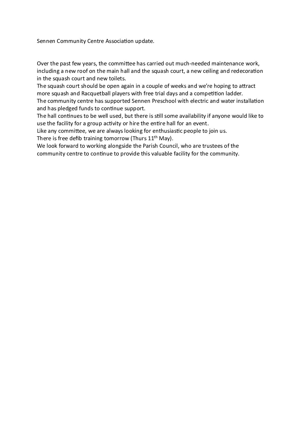SPC Sennen Community Centre Association update 05/2024