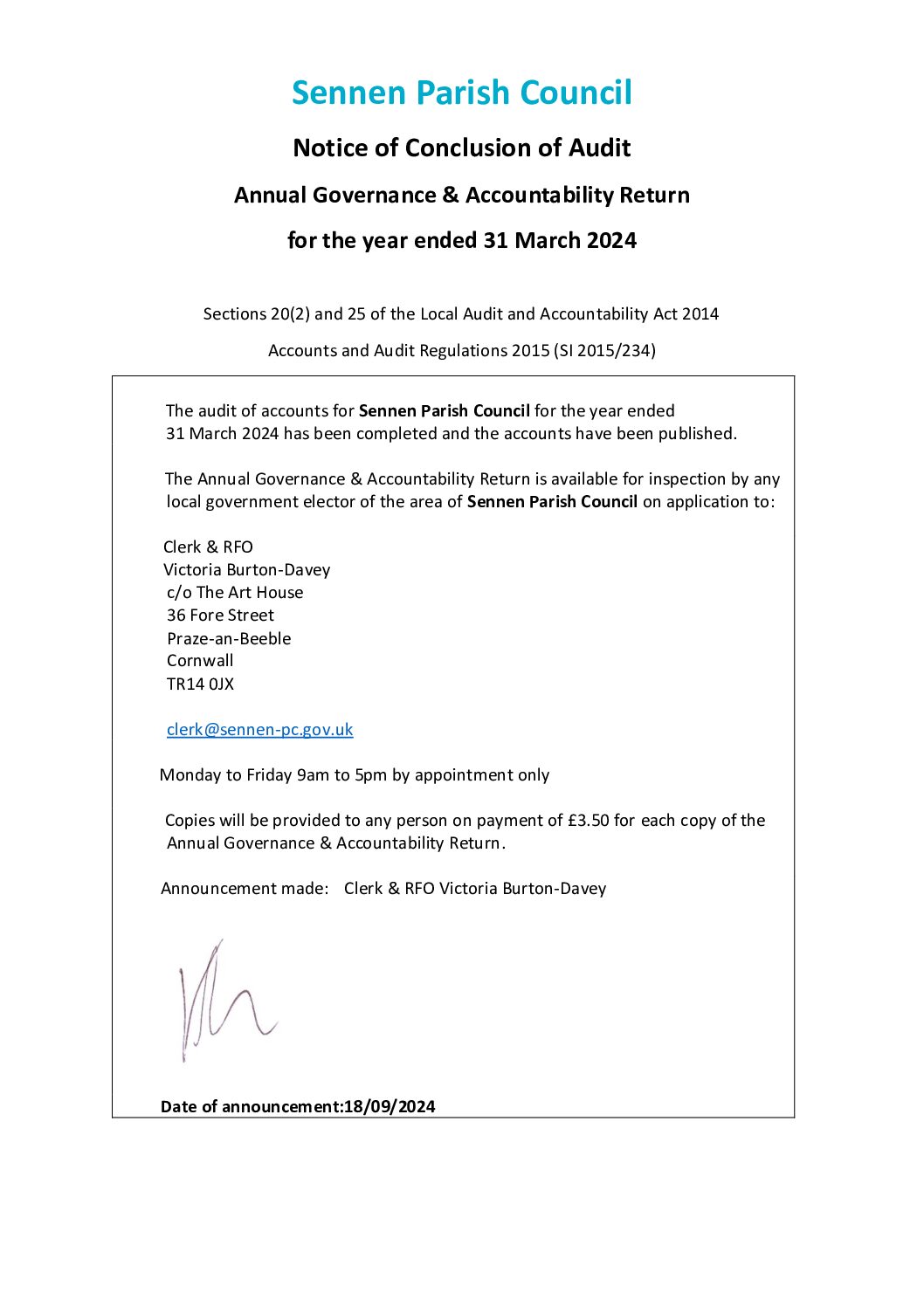 SPC Notice of Conclusion of Audit 2023-24