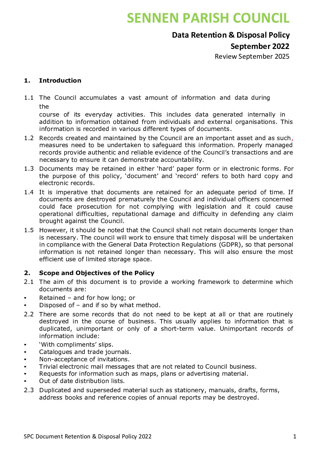 SPC Data Retention and Disposal Policy 2022-25