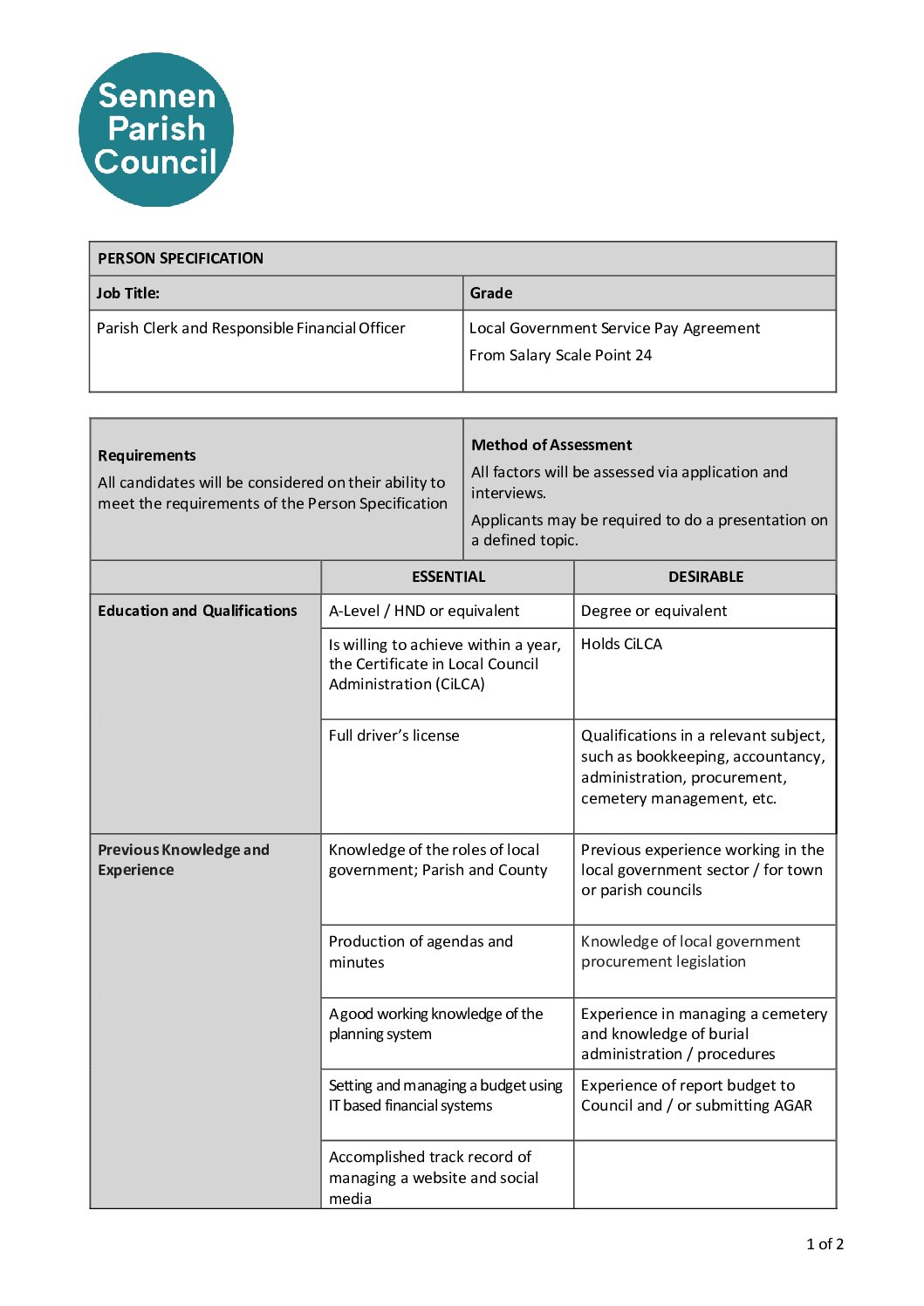 SPC Clerk Person Spec 2025