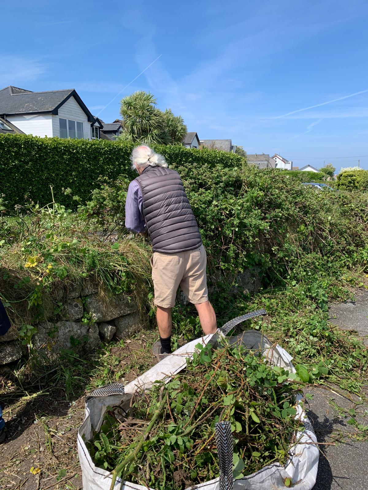 a volunteer cutting a hedge