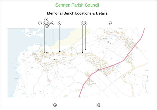 Map showing the location of memorial benches in Sennen Parish