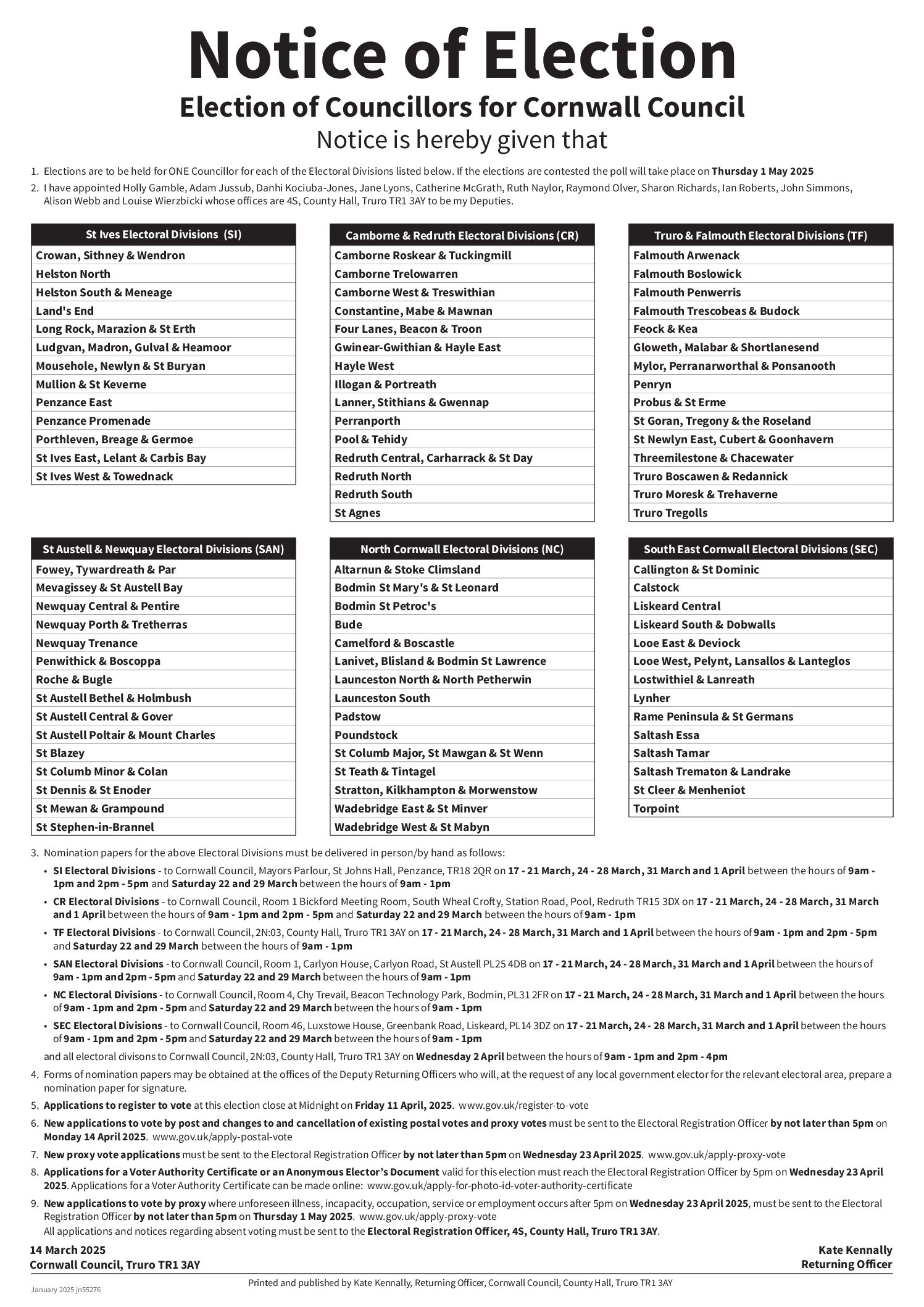 Notice of Election Cornwall Council