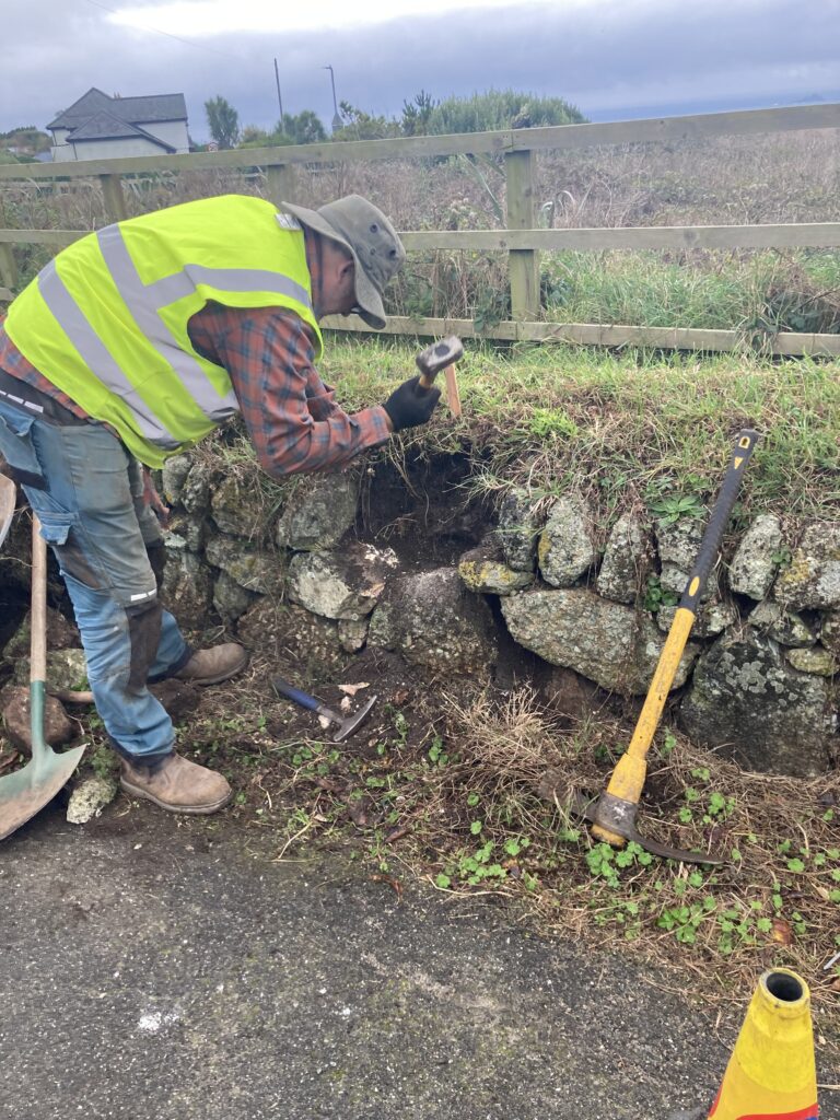 image showing a man using tools working to restore a Cornish hedge