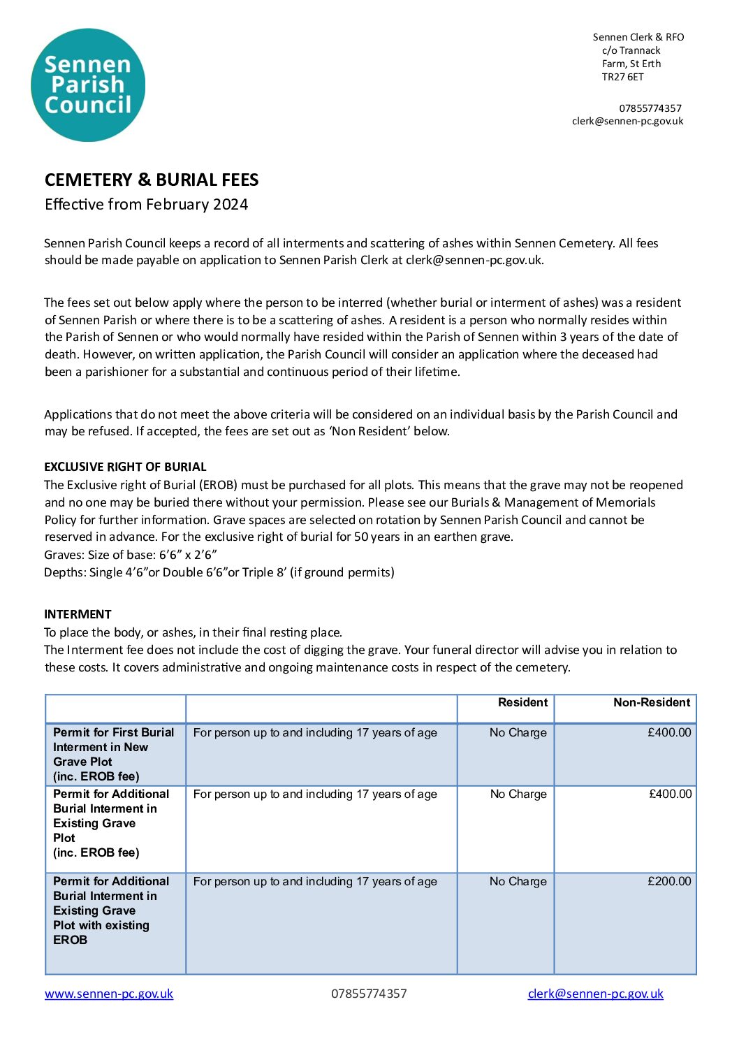 SPC Burial Fees 2024