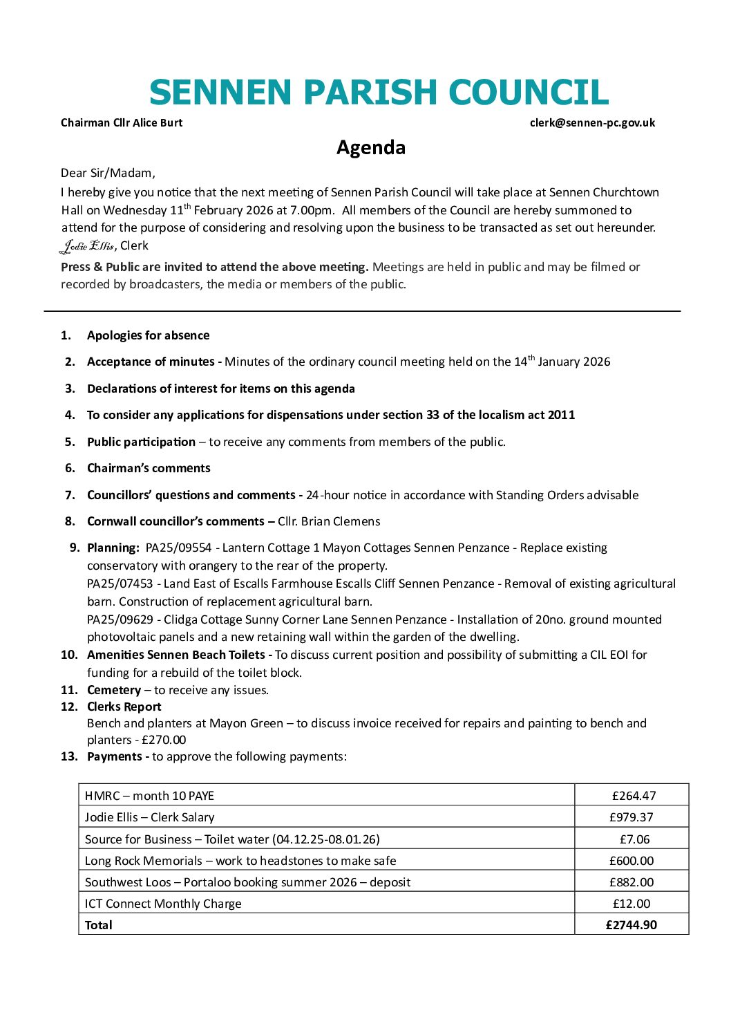Agenda 11th February 2026