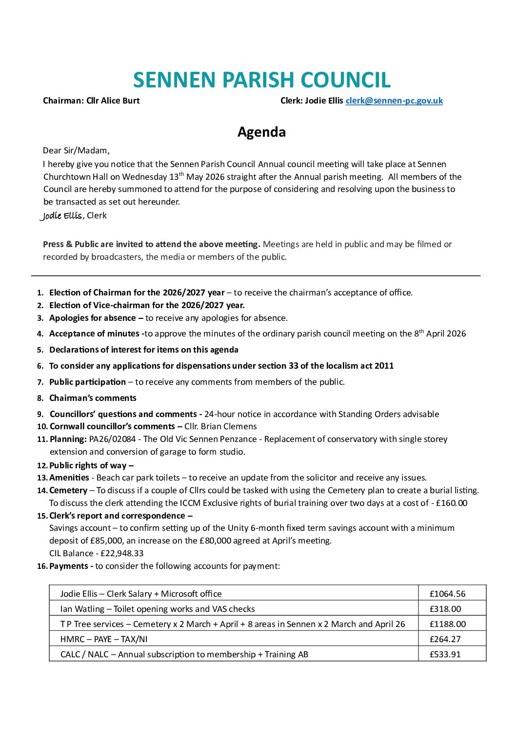Agenda Annual council meeting 13th May 2026