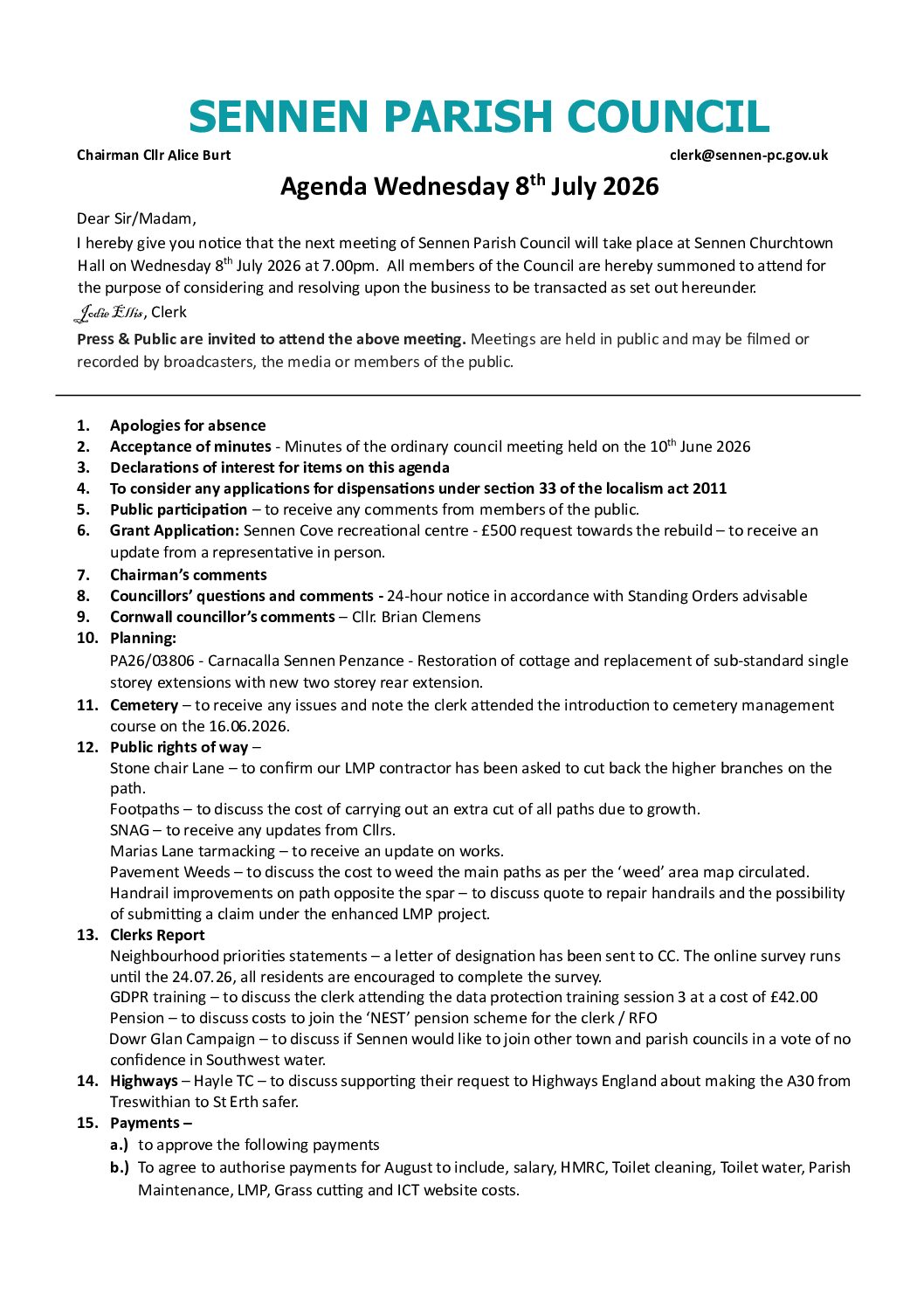 Agenda 8th July 2026