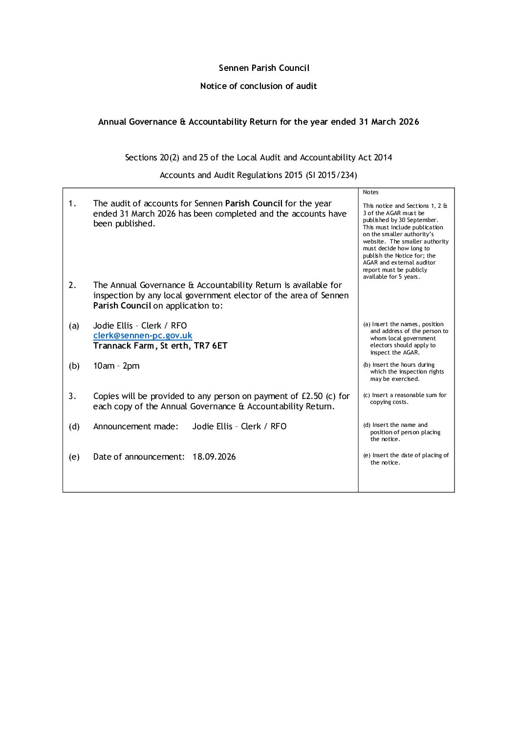 Notice of Conclusion of Audit 2026