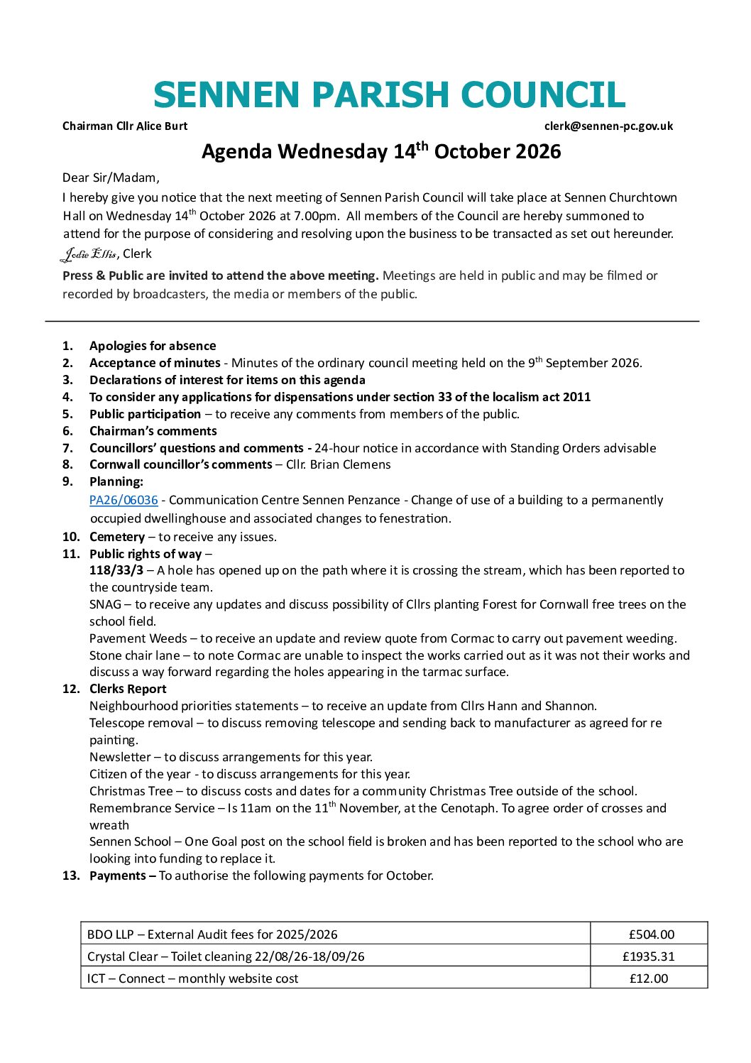 Agenda 14th October 2026